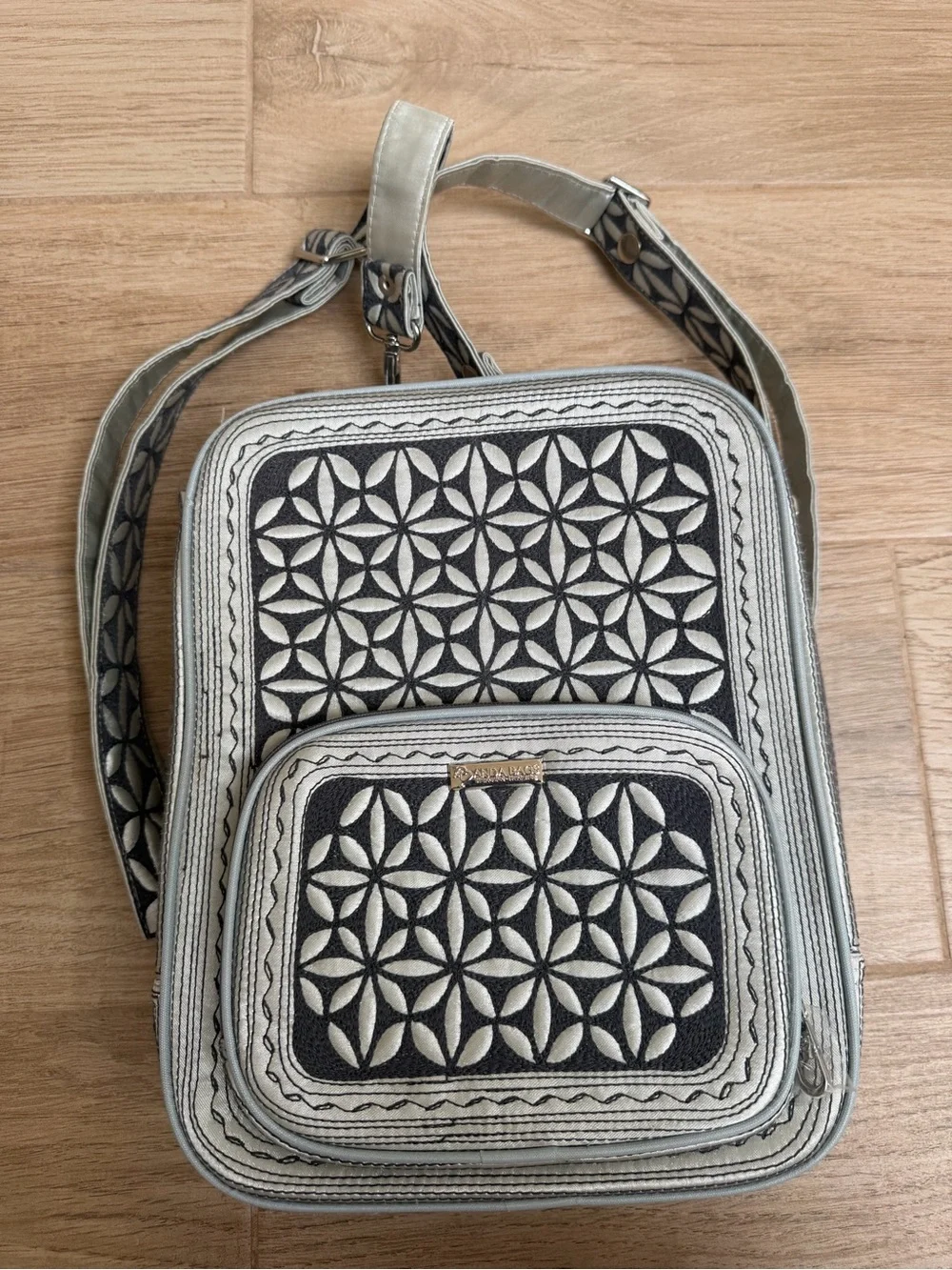 NWT Banda Kali Embroidered Geometric Crossbody Bag in Black & Cream